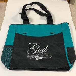Tote bag teal and black. With Bible verse. Matthew 19:26